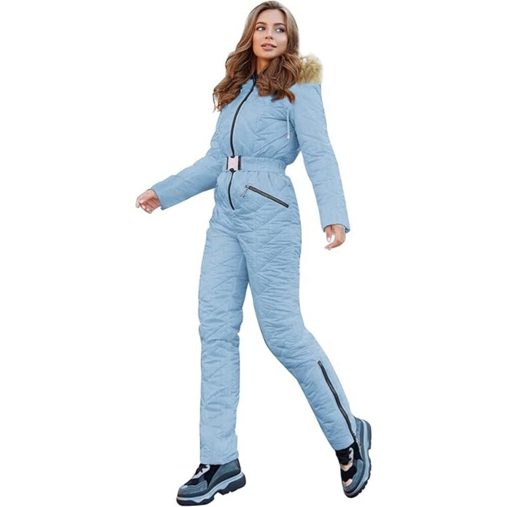 Yousify Womens Winter Ski Suit One Piece Hooded Fur Collar Ski Jumpsuit Snowsuit